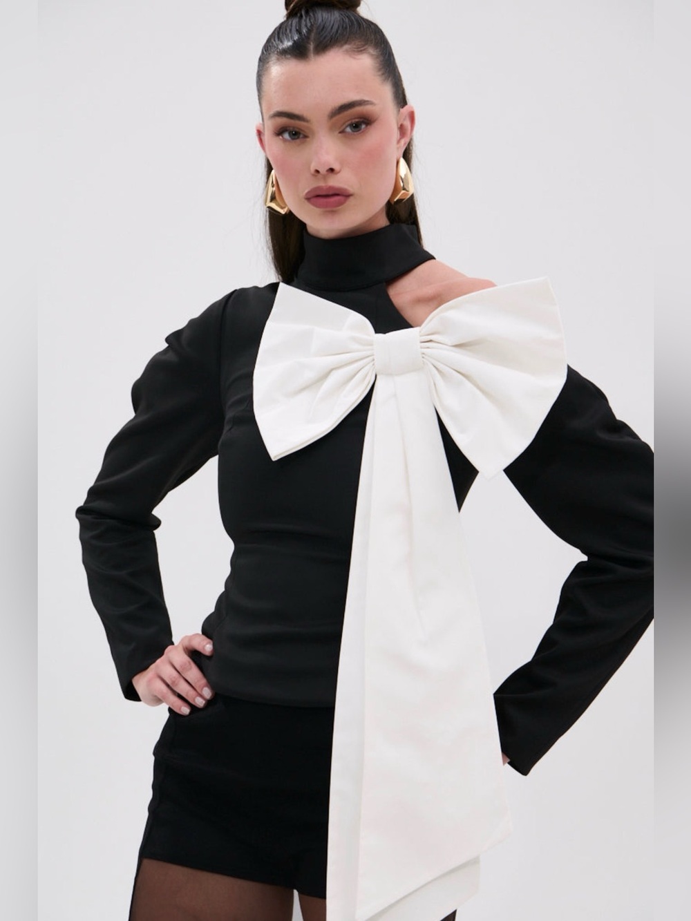 Akira Dayanne Mock Neck Long Sleeve Black Top with Statement White Bow